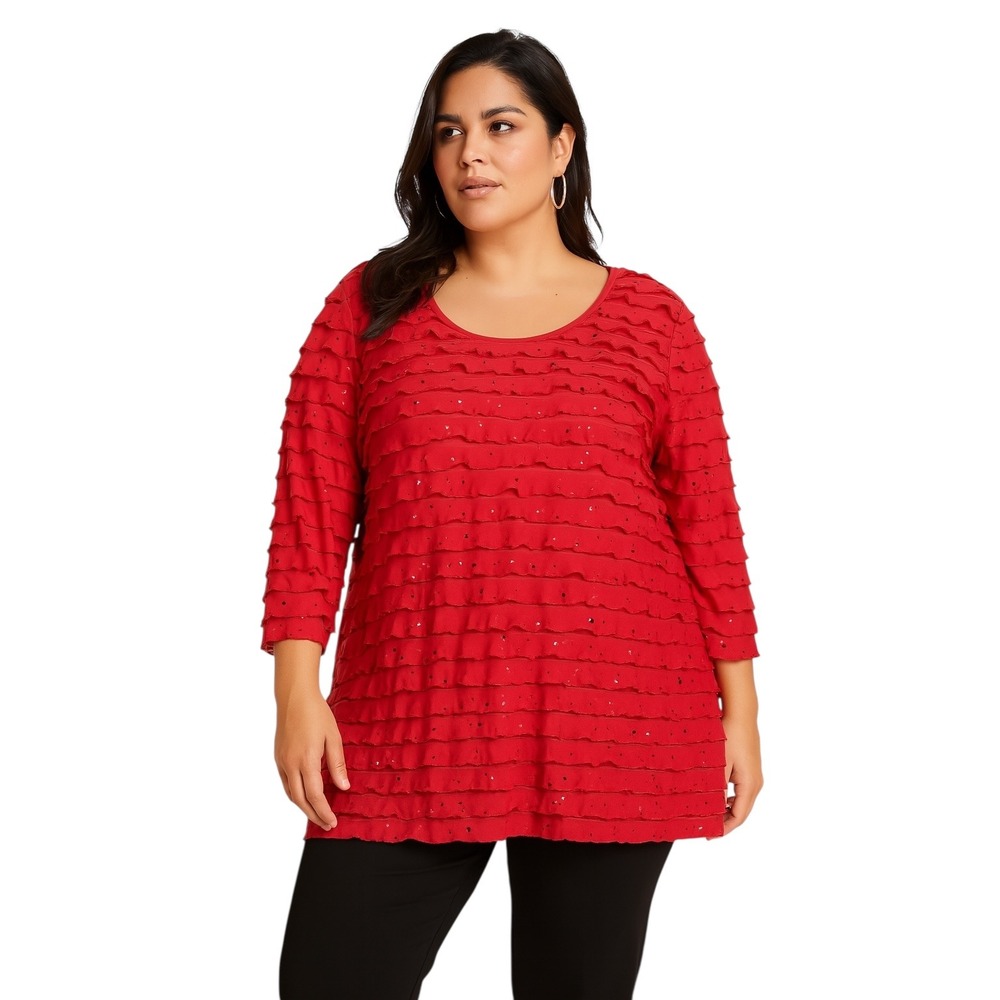 Notations Plus Size 2X Top Red Ruffle Sequin Round Neck 3/4‎ Sleeve Blouse 362